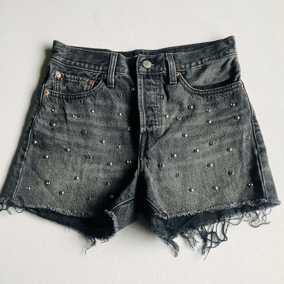 Levi’s Black Wedgie Short Cutoff Studded‎ Rhinestone Size 27 Button Fly - Picture 4 of 11